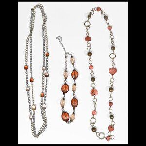 3PC MIXED LOT OF AMBER, COPPER, WOOD BEAD, SILVER & GOLD TONE NECKLACE SET